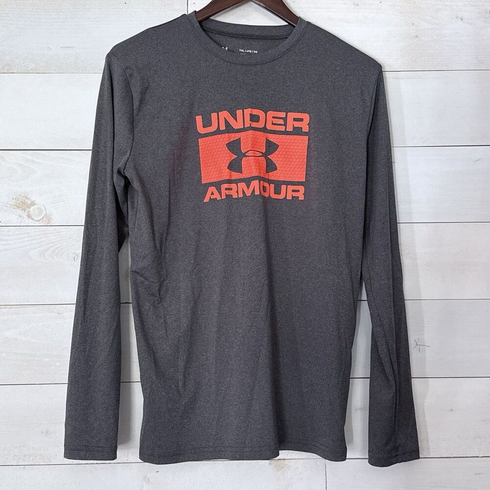 Under Armour HeatGear Loose Fit Youth Size‎ XL Solid Gray/Orange Logo Graphic